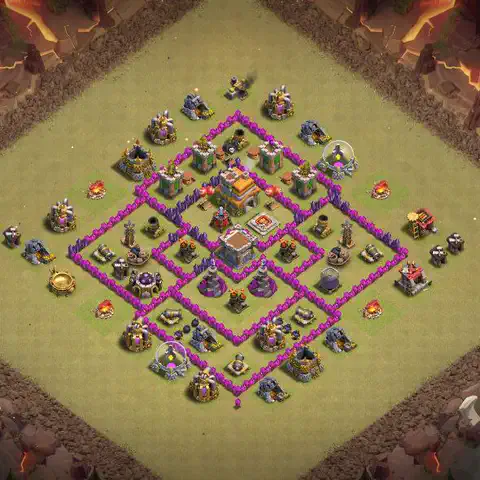 TH7 war Defense base layout with copy link for Clash of Clans, layout #048