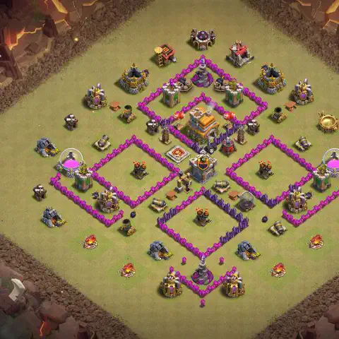 TH7 war Defense base layout with copy link for Clash of Clans, layout #054