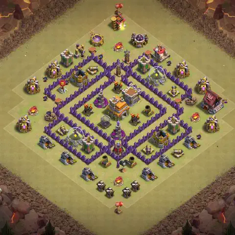 TH7 war Defense base layout with copy link for Clash of Clans, layout #144