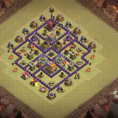TH7 war Defense base layout with copy link for Clash of Clans, layout #150