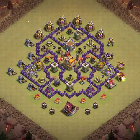 TH7 war Defense base layout with copy link for Clash of Clans, layout #198