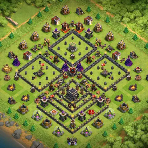 TH9 farming base layout with copy link for Clash of Clans resource protection, layout #255