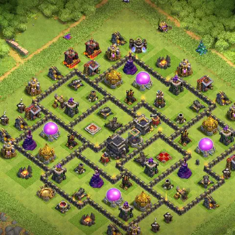 TH9 farming base layout with copy link for Clash of Clans resource protection, layout #256