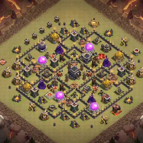 TH9 war defense base layout with copy link for Clash of Clans defense, layout #186