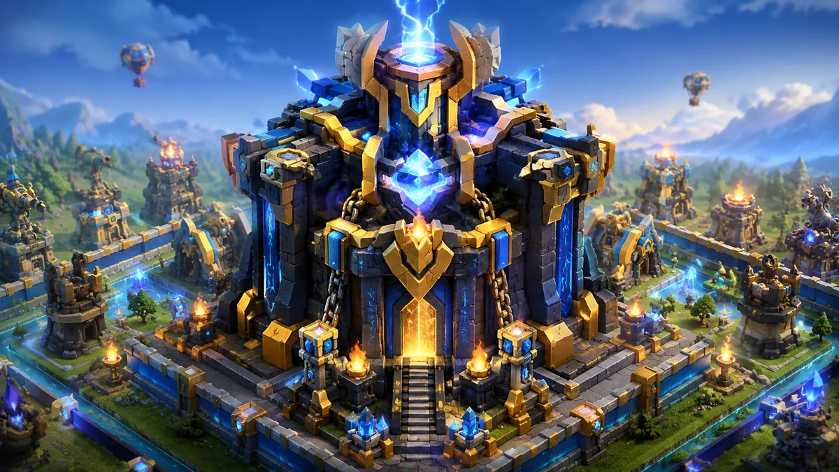 Concept-style Clash of Clans Town Hall 19 release date guide artwork with blue and gold base defenses